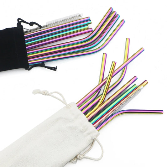 Pailles acier inoxydable réutilisables – Écologiques & durables. Pailles multicolores courbées et droites avec brosse et pochons