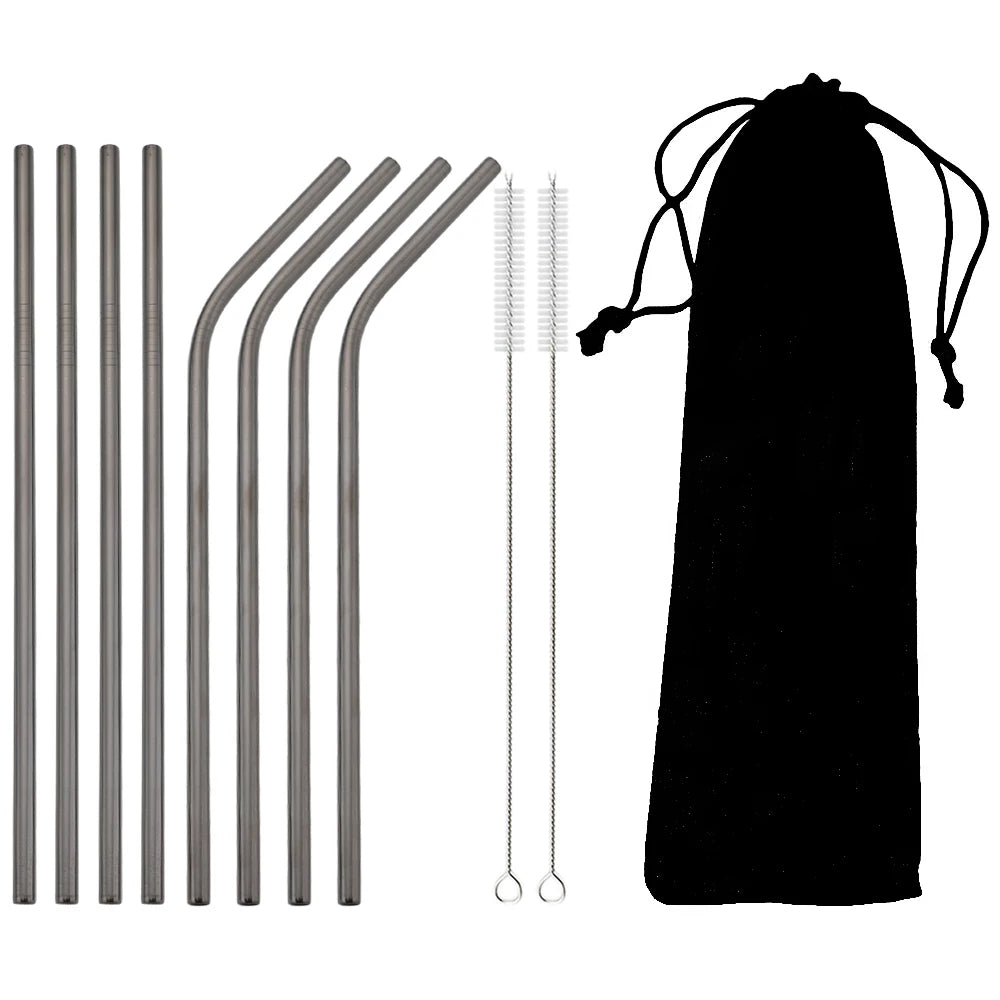 Ensemble 8 pailles acier inoxydable réutilisables – Écologiques & durables, 2 brosses de nettoyage et pochette noire