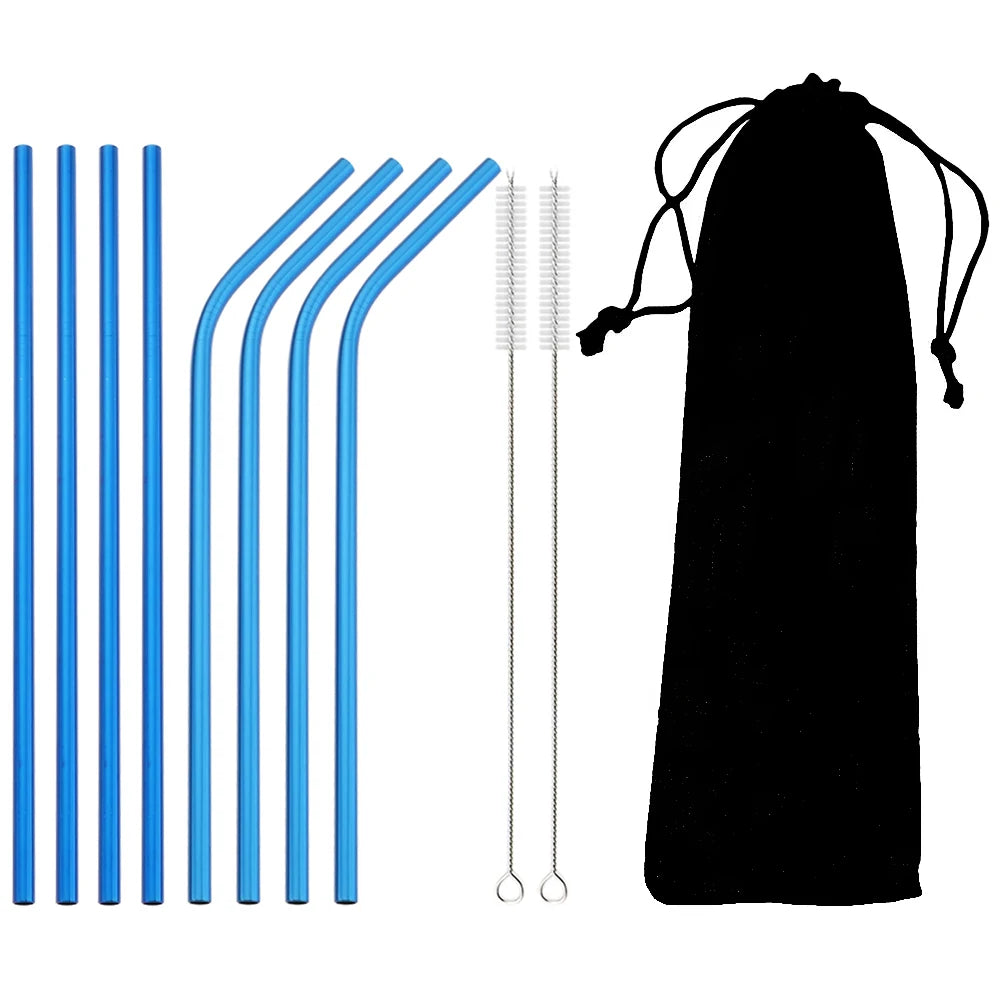 Pailles acier inoxydable réutilisables – Écologiques & durables. Lot 8 pailles bleues droites et courbées avec 2 brosses et étui