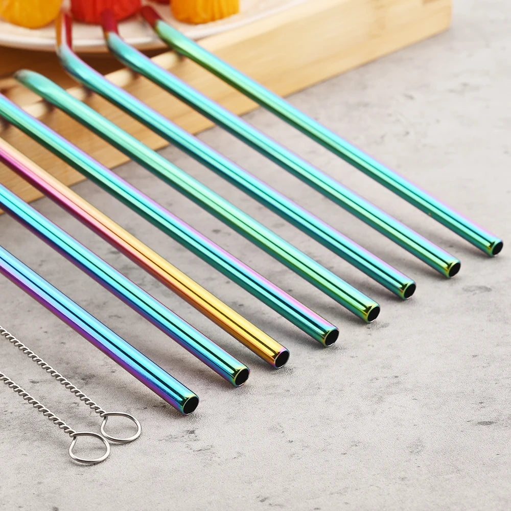 Pailles acier inoxydable réutilisables – Écologiques & durables. Pailles inox arc-en-ciel colorées avec brosse de nettoyage