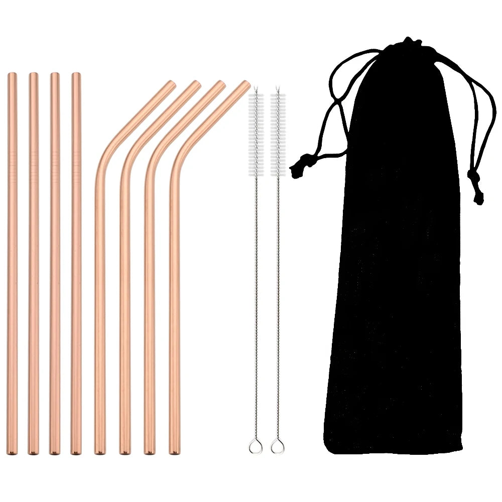 Pailles acier inoxydable réutilisables – Écologiques & durables. Ensemble 10 pailles cuivrées, 2 brosses et pochette noire