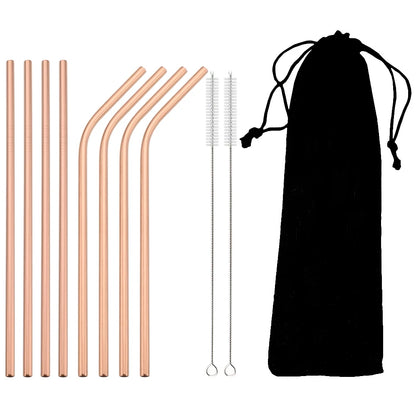 Pailles acier inoxydable réutilisables – Écologiques & durables. Ensemble 10 pailles cuivrées, 2 brosses et pochette noire
