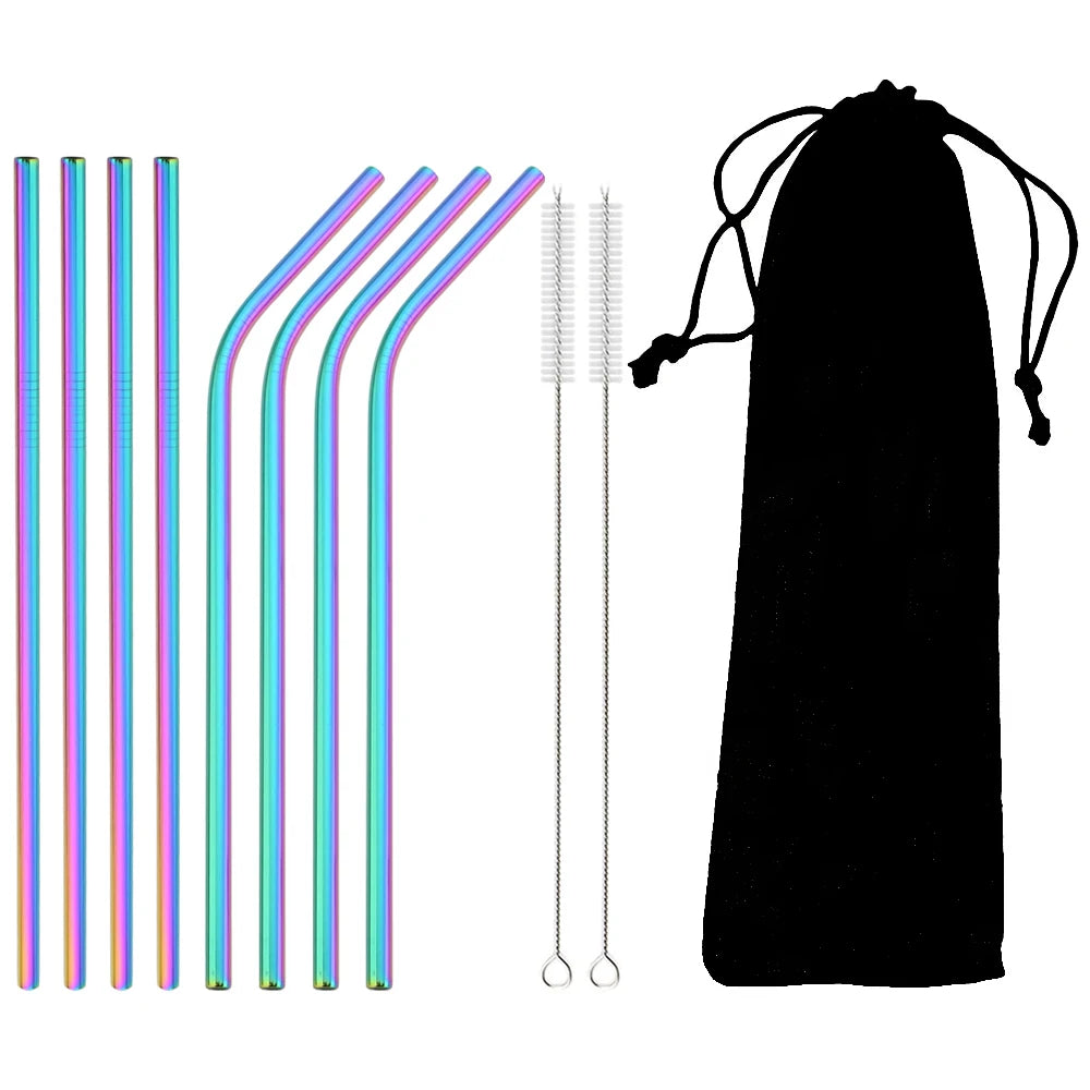 Pailles acier inoxydable réutilisables – Écologiques & durables. Lot 8 pailles arc en ciel mixtes 2 brosses et pochette