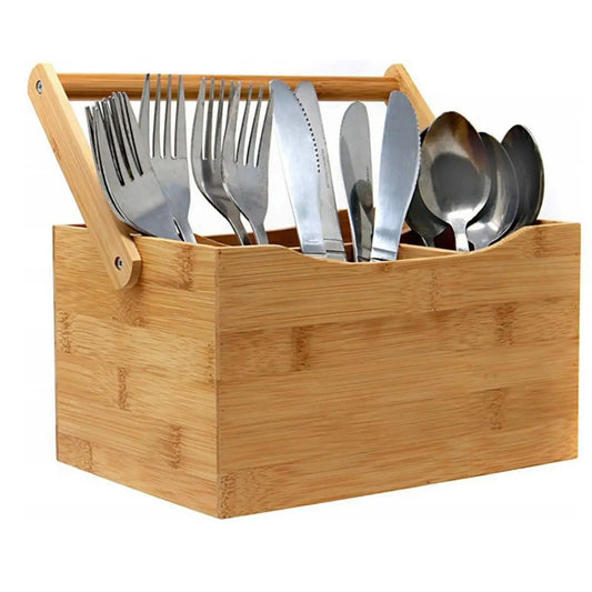 Panier de rangement en bambou compartimenté 25 cm pour couverts avec poignée Ustensile de chef