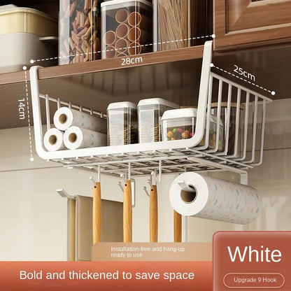Panier Suspendu pour Placard Cuisine – 9 Crochets en métal blanc pour rangement pratique d'ustensiles
