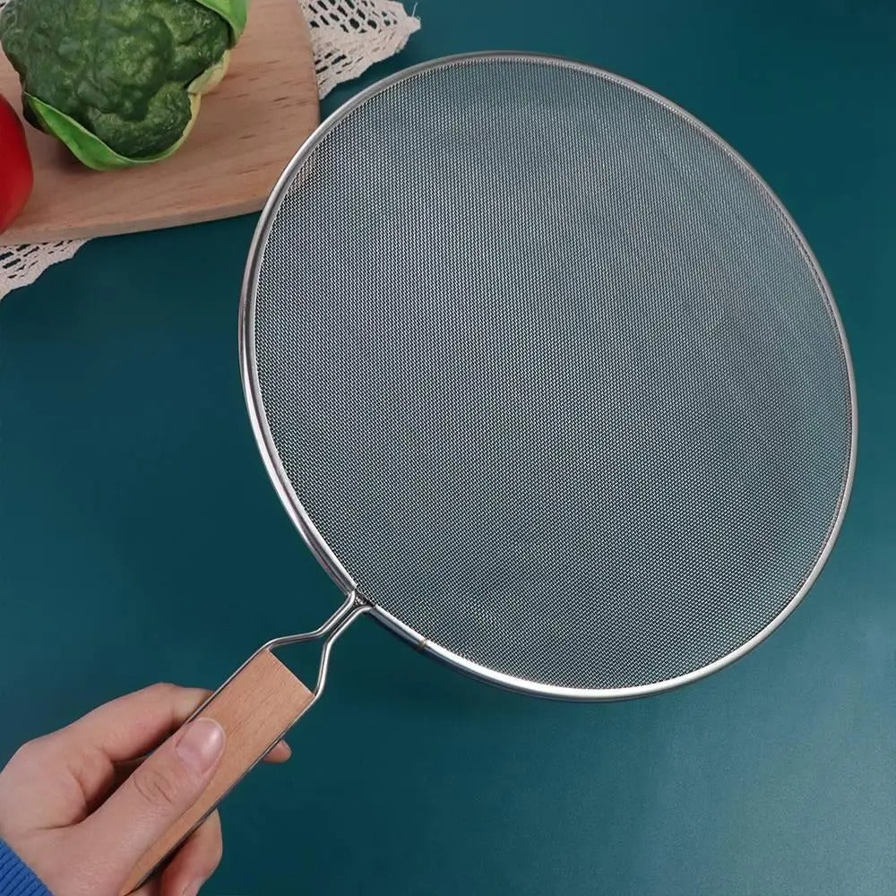 Pare-éclaboussures inox pour poêle et cuisson avec poignée en bois pour une utilisation facile en cuisine