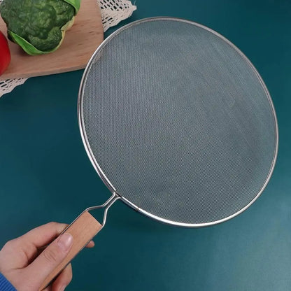 Pare-éclaboussures inox pour poêle et cuisson avec poignée en bois pour une utilisation facile en cuisine