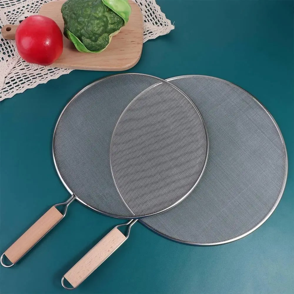 Pare-éclaboussures inox pour poêle et cuisson avec poignées en bois, idéal pour la cuisine