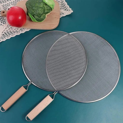 Pare-éclaboussures inox pour poêle et cuisson avec poignées en bois, idéal pour la cuisine