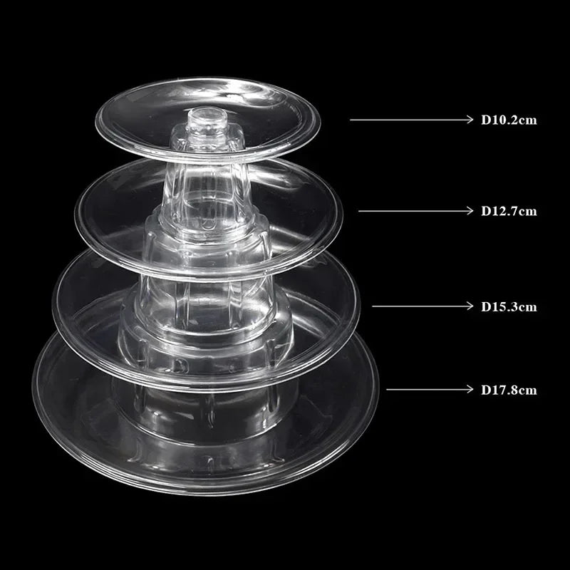 Présentoir acrylique cupcakes & macarons mariage fête 4 étages transparents diamètres 10.2 12.7 15.3 17.8 cm sur fond noir