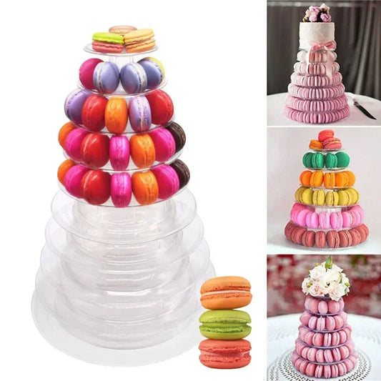 Présentoir acrylique cupcakes & macarons mariage fête en tour transparente 7 niveaux garnie de macarons multicolores