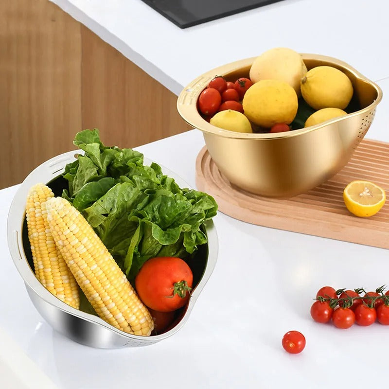 Passoire à Riz en Acier Inoxydable 304 avec légumes et fruits frais sur une table de cuisine moderne