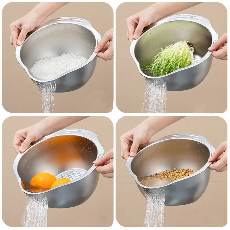 Passoire à Riz en Acier Inoxydable 304 montrant le rinçage de différents aliments, y compris du riz et des légumes