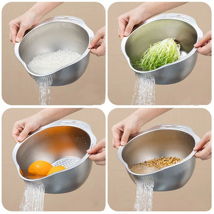 Passoire à Riz en Acier Inoxydable 304 montrant le rinçage de différents aliments, y compris du riz et des légumes