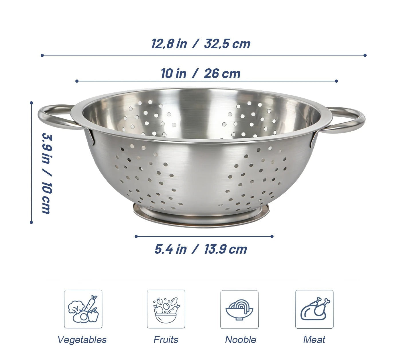Passoire de Cuisine Inox Grande Capacité – Bol Égouttoir Polyvalent 26 cm avec poignées et perforations.