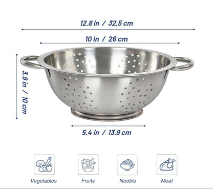 Passoire de Cuisine Inox Grande Capacité – Bol Égouttoir Polyvalent 26 cm avec poignées et perforations.