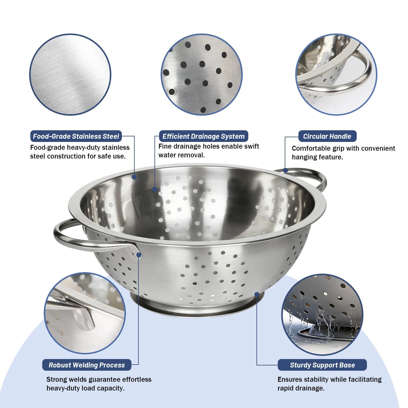 Passoire de Cuisine Inox Grande Capacité – Bol Égouttoir Polyvalent 26 cm avec poignées confortables et trous de drainage efficaces