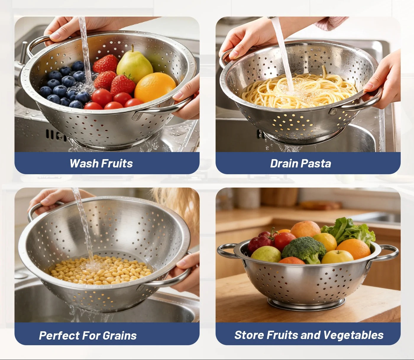 Passoire de Cuisine Inox Grande Capacité – Bol Égouttoir Polyvalent 26 cm idéale pour rincer fruits et pâtes
