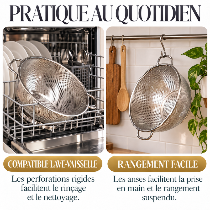 Passoire Inox Microperforée 22,5 cm à Deux Anses, facile à ranger et compatible lave-vaisselle