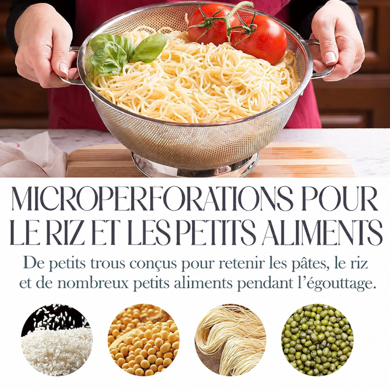 Passoire Inox Microperforée 22,5 cm à Deux Anses utilisée pour égoutter des pâtes et légumes frais