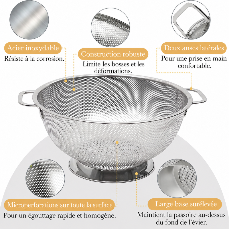 Passoire Inox Microperforée 22,5 cm à Deux Anses en acier inoxydable pour un égouttage rapide.