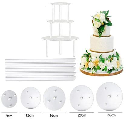 Supports à gâteaux multi-niveaux. Kit blanc 3 étages avec plateaux 9 12 16 20 26 cm, colonnes et supports pour gâteaux décorés