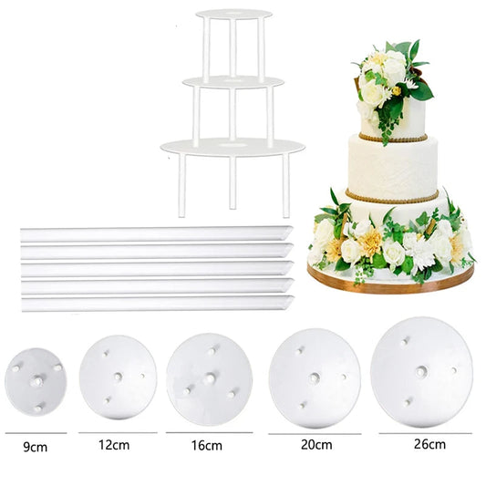 Supports à gâteaux multi-niveaux. Kit blanc 3 étages avec plateaux 9 12 16 20 26 cm, colonnes et supports pour gâteaux décorés