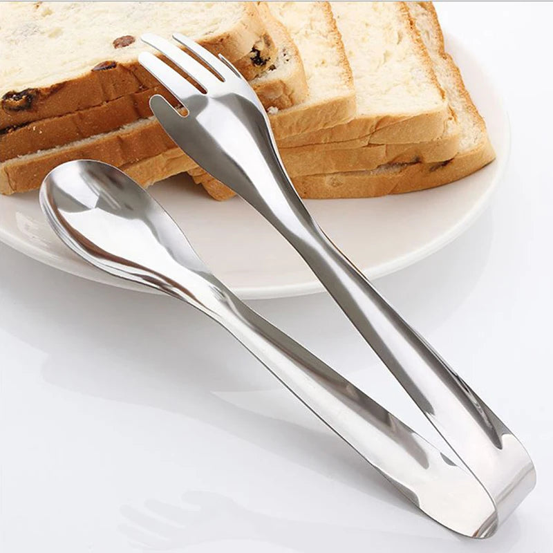 Pince à aliments en acier inoxydable avec cuillère et fourchette, idéale pour servir des plats