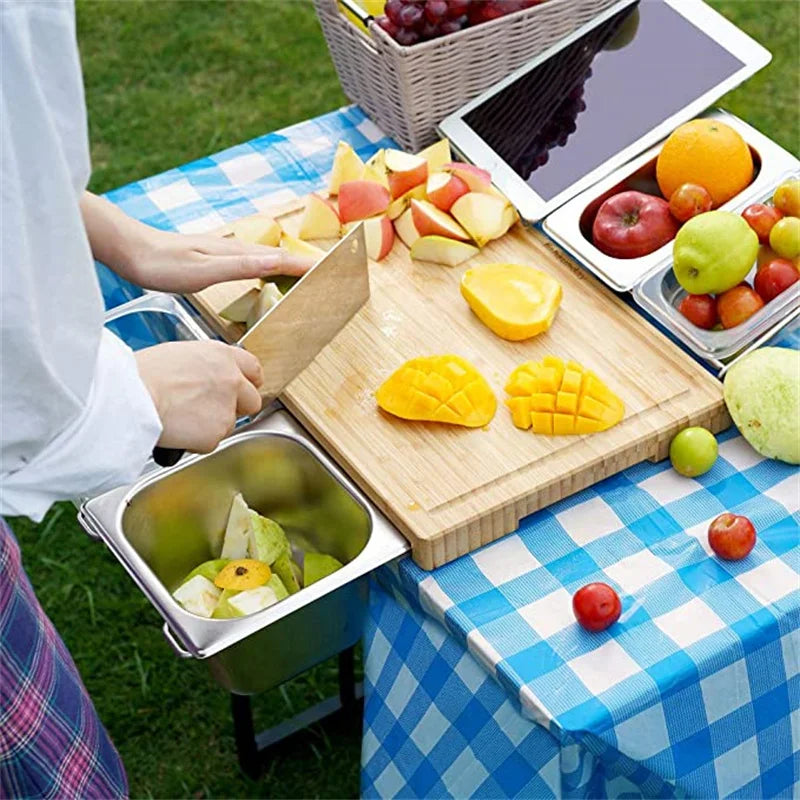 Planche à Découper Bambou Extensible avec Bacs Rangement et Support Tablette, parfait pour la cuisine en extérieur