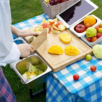 Planche à Découper Bambou Extensible avec Bacs Rangement et Support Tablette, parfait pour la cuisine en extérieur
