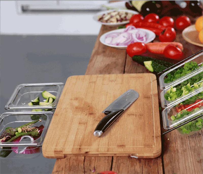 Planche à Découper Bambou Extensible avec Bacs Rangement et Support Tablette pour une cuisine organisée