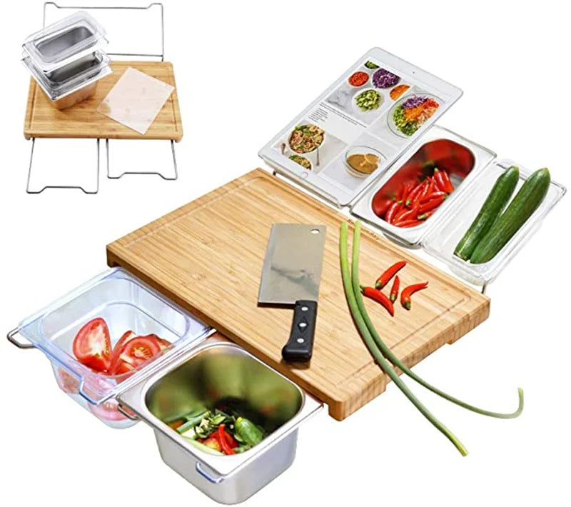 Planche à Découper Bambou Extensible avec Bacs Rangement et Support Tablette pour une cuisine pratique