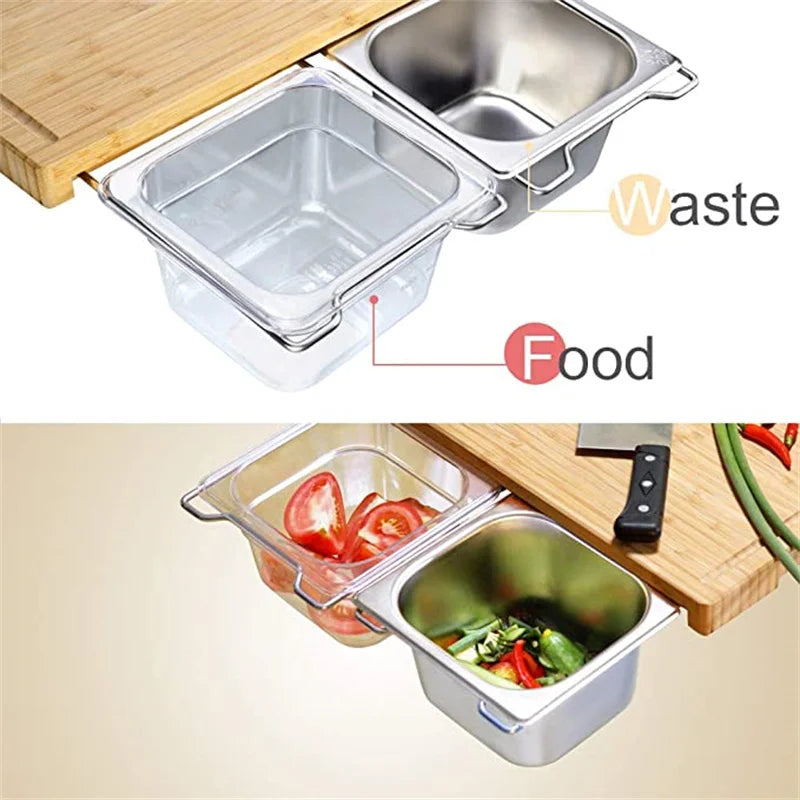 Planche à Découper Bambou Extensible – Avec Bacs Rangement et Support Tablette pour un espace de cuisine organisé