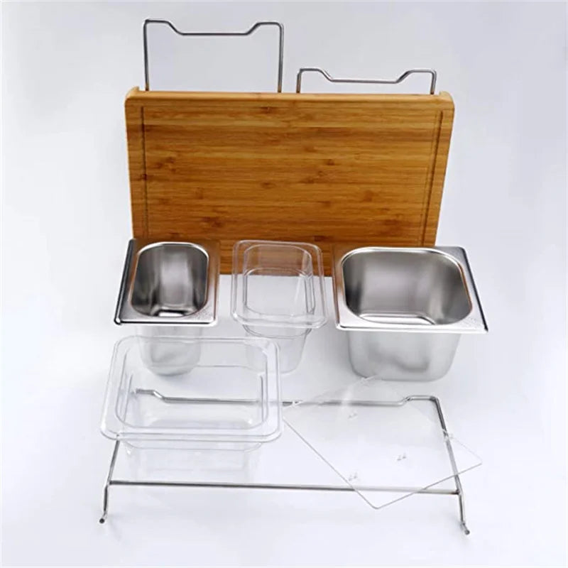Planche à Découper Bambou Extensible – Avec Bacs Rangement et Support Tablette préparée pour la cuisine