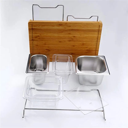 Planche à Découper Bambou Extensible – Avec Bacs Rangement et Support Tablette préparée pour la cuisine
