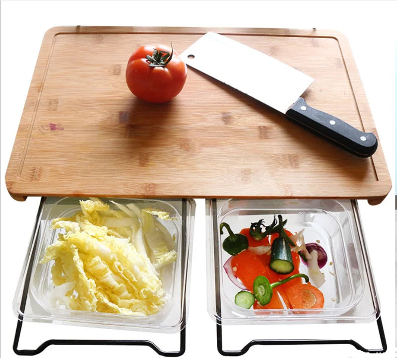 Planche à Découper Bambou Extensible avec Bacs Rangement et Support Tablette, idéale pour la préparation des aliments