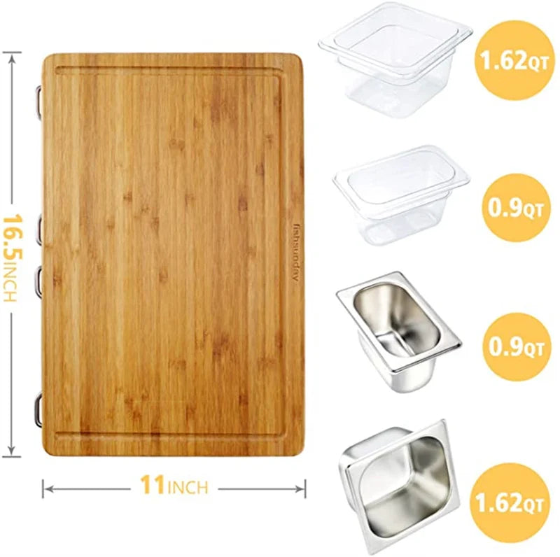 Planche à Découper Bambou Extensible avec bacs rangement et support tablette pour une préparation culinaire efficace