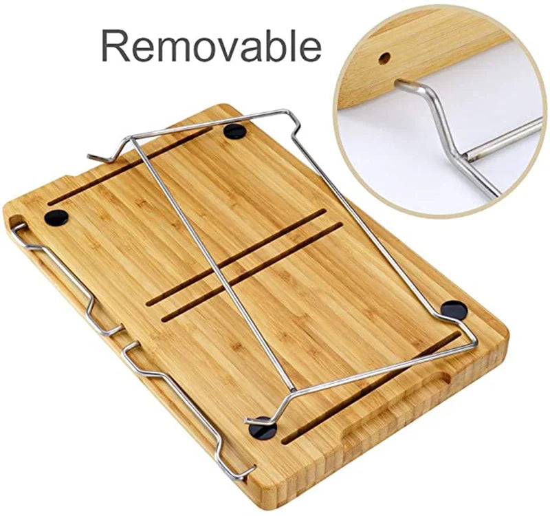 Planche à Découper Bambou Extensible – Avec Bacs Rangement et Support Tablette montrant le design fonctionnel en bois