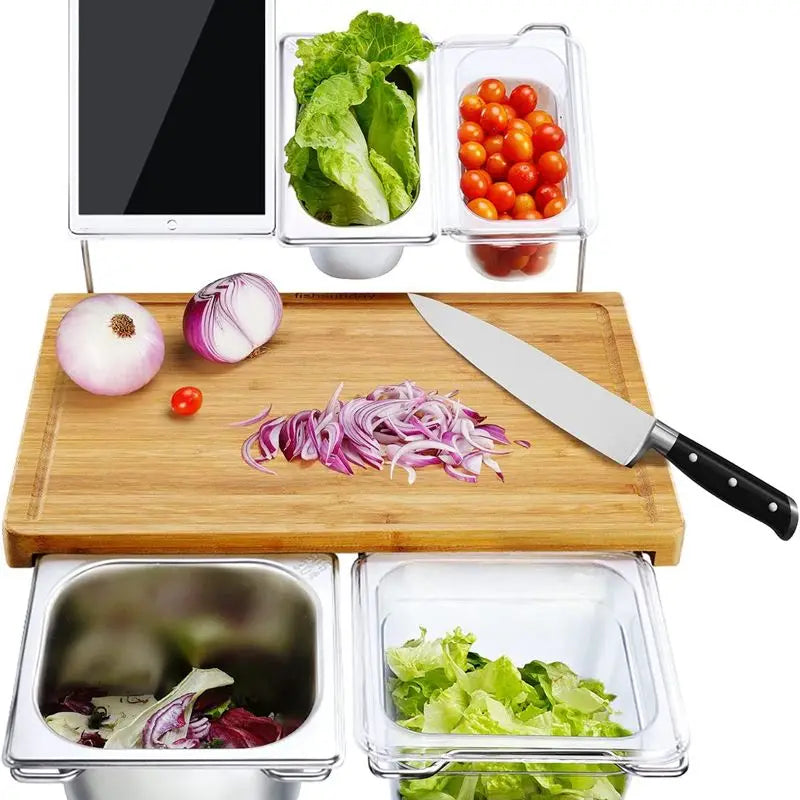 Planche à Découper Bambou Extensible – Avec Bacs Rangement et Support Tablette pour une préparation culinaire pratique