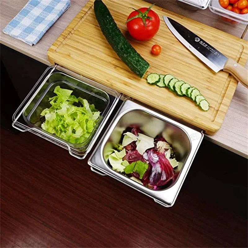 Planche à Découper Bambou Extensible avec Bacs Rangement et Support Tablette, idéale pour la préparation des aliments.