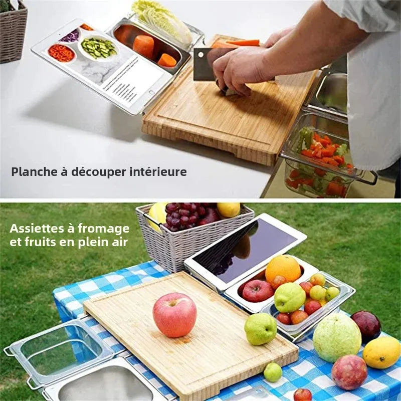 Planche à Découper Bambou Extensible – Avec Bacs Rangement et Support Tablette utilisée pour préparer des légumes et fruits