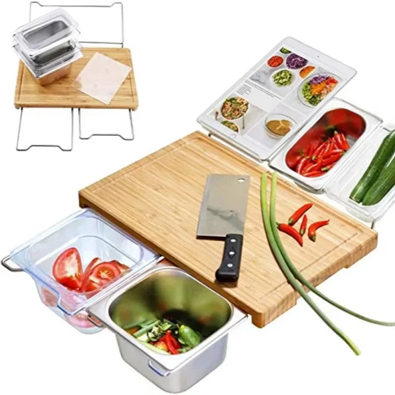 Planche à Découper Bambou Extensible – Avec Bacs Rangement et Support Tablette pour préparation culinaire