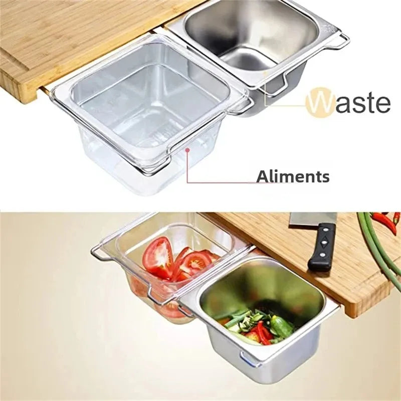 Planche à Découper Bambou Extensible avec Bacs Rangement et Support Tablette, parfaite pour la préparation des aliments