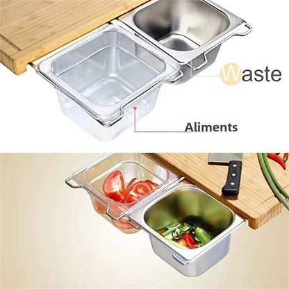 Planche à Découper Bambou Extensible avec Bacs Rangement et Support Tablette, parfaite pour la préparation des aliments