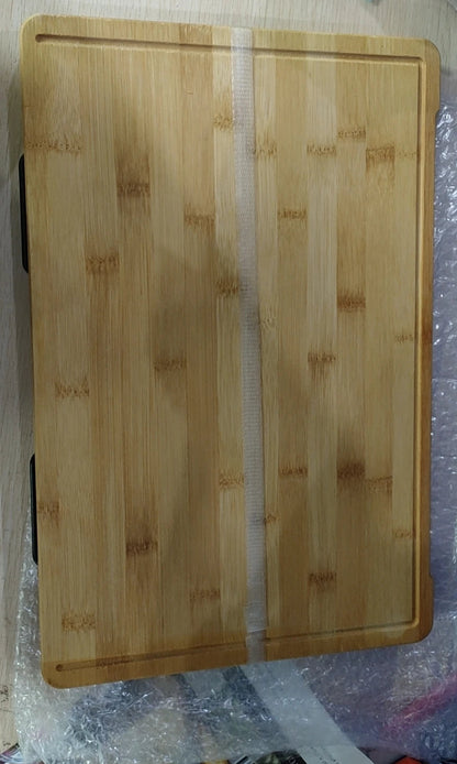 Planche à Découper Bambou Extensible avec Bacs Rangement et Support Tablette, idéale pour la cuisine organisée