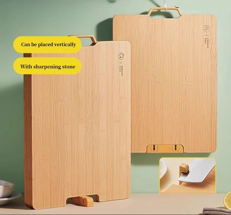 Planche à Découper Bambou Moso avec Pierre à Aiguiser, design pratique pour la cuisine, réversible et durable.