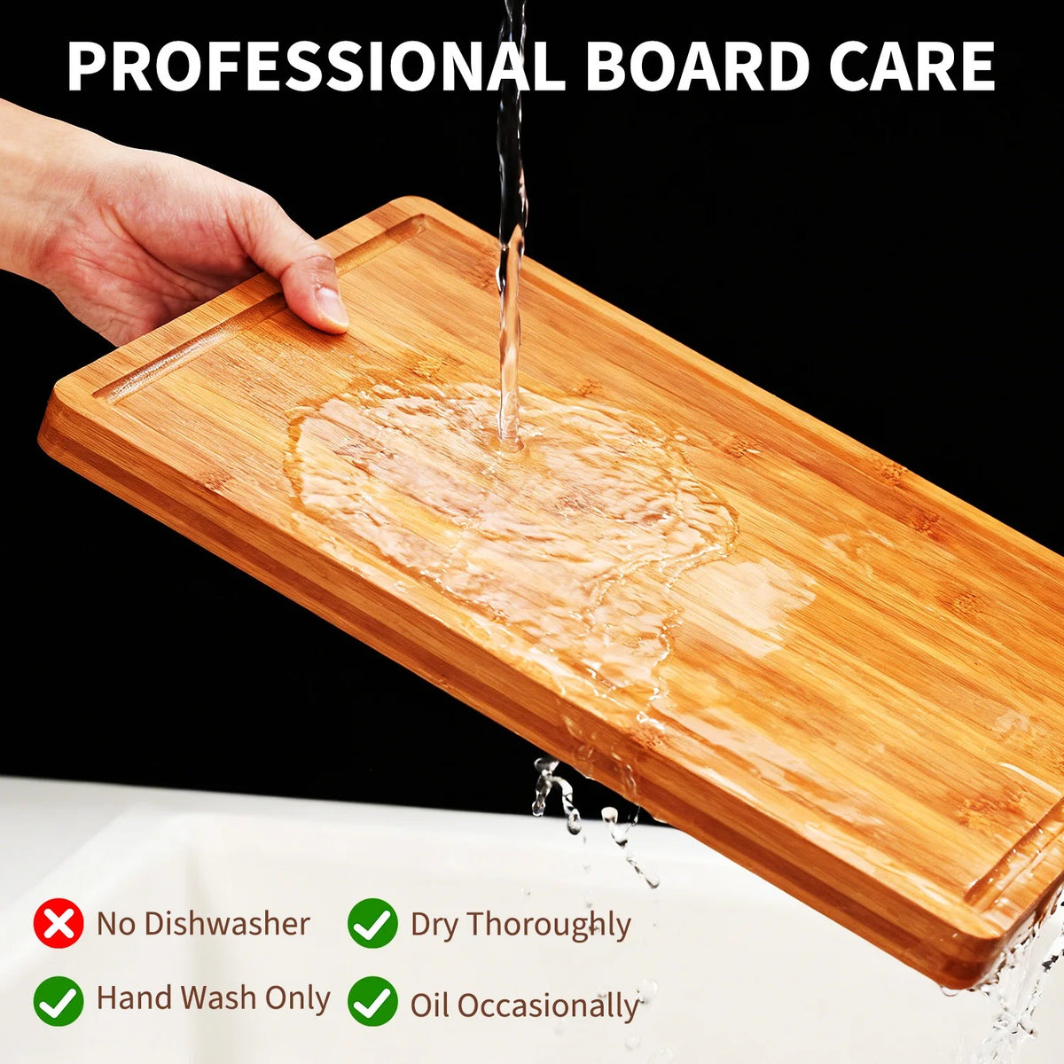 Planche à Découper en Bambou 40 × 28 cm avec Rigole, entretien professionnel avec instructions sur le lavage et séchage