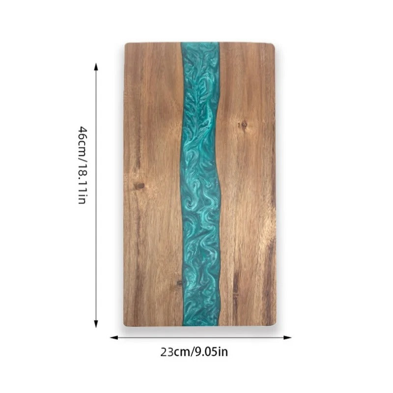 Planche à découper en bois massif et résine époxy 46 x 23 cm avec design élégant et dimensions pratiques