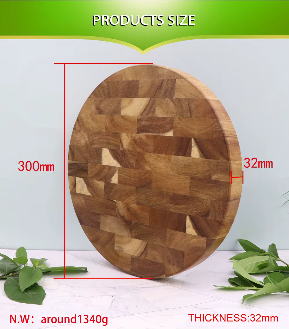 Planche à découper ronde en bois d’acacia massif, billot de cuisine durable avec un design grain fin.