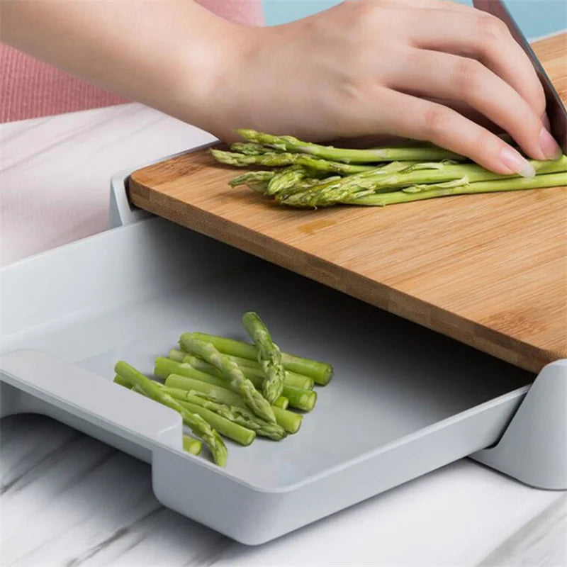 Planche à Découper Tiroir Multifonction en Bambou avec compartiment pour les déchets de légumes